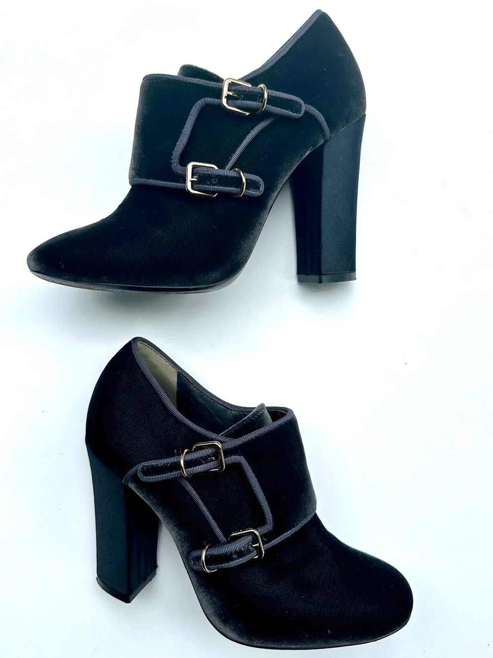 Tory Burch Carley Velvet Booties Gray Grigio Block Heel Double Monk Buckle Shoes
